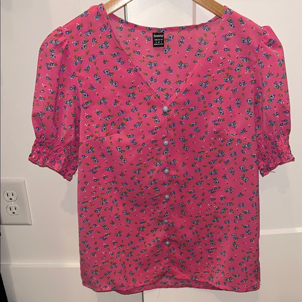Pink and Orange Puff Sleeve Blouse with Peter Pan Collar